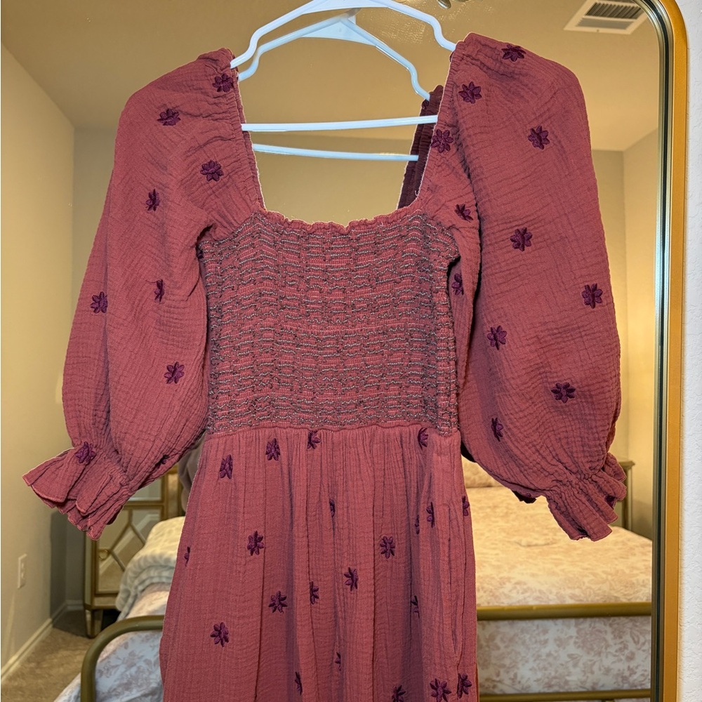 Smocked Dress with Floral Embroidery